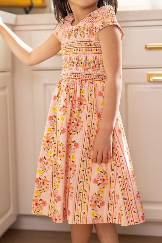 Mini Marlow Cap Sleeve Dress in Peach Handpainted Flora Stripe 11/12 Mini Marlow Cap Sleeve Dress in Peach Handpainted Flora Stripe 11/12