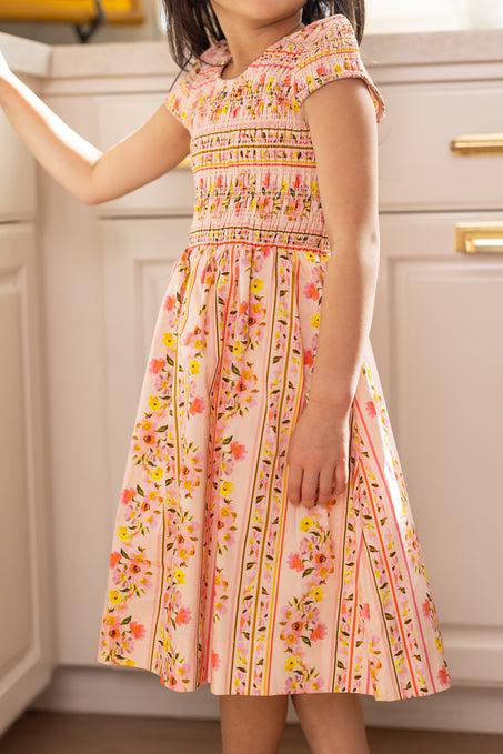 Mini Marlow Cap Sleeve Dress in Peach Handpainted Flora Stripe