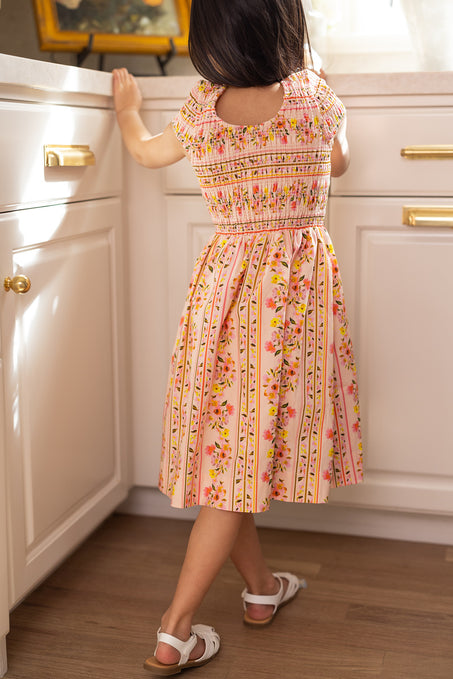 Mini Marlow Cap Sleeve Dress in Peach Handpainted Flora Stripe