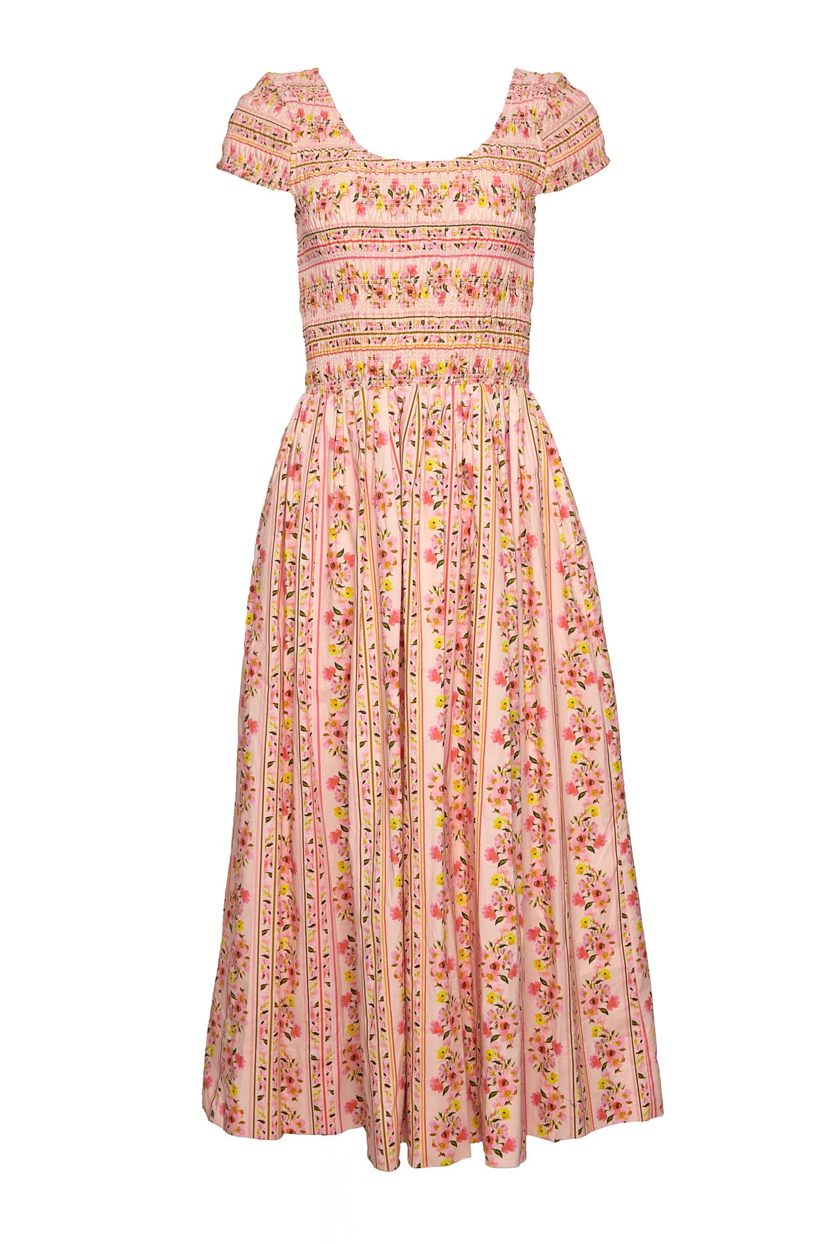 The Marlow Cap Sleeve Dress in Peach Handpainted Flora Stripe by Ivy City Co features a fitted bodice, scoop neckline, and pleated skirt with red, yellow, and green floral stripes—ideal for spring portraits or a comfy, maternity-friendly style.