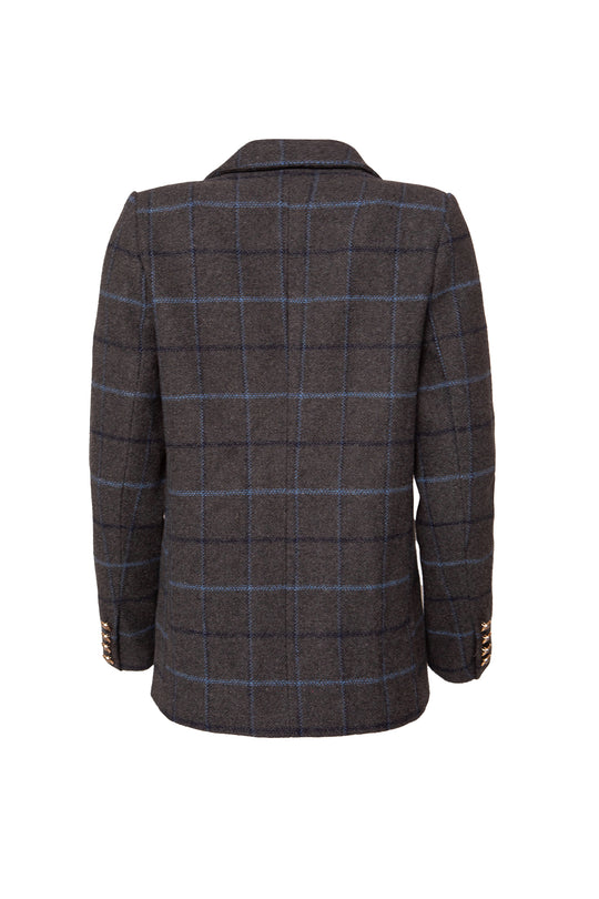 The Marren Blazer in Charcoal Plaid by Ivy City Co is a women’s blazer with a blue windowpane pattern, shown from the back, featuring a notch collar and sleeve button details.