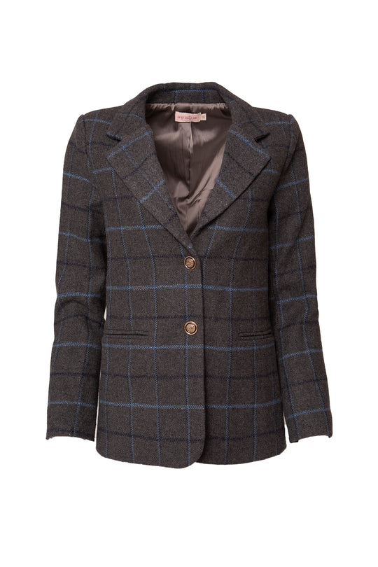 The Marren Blazer in Charcoal Plaid by Ivy City Co is a tailored womens wool blend jacket in dark gray with blue windowpane check, notched collar, two front buttons, and a brown silky lining.