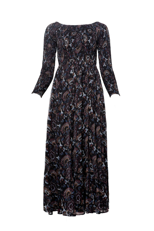 Long-sleeve dress with a floral pattern on a white background