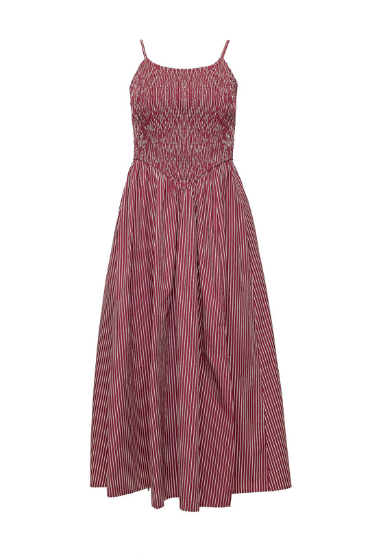 Burgundy striped dress on a white background