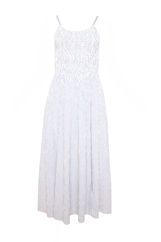 The Maxwell Dress in Blue & White Pinstripe by Ivy City Co is a smocked, nursing-friendly midi with thin straps, fitted bodice, and flowing calf-length skirt, shown on a white background.