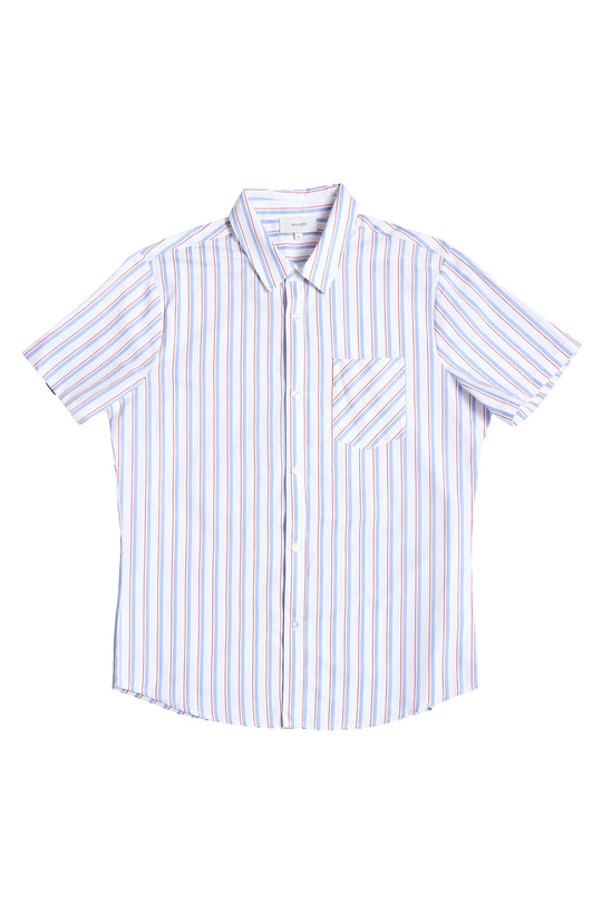 The Men's James Shirt in Heritage Stripe by Ivy City Co is a short-sleeve, collared button-up with vertical red, blue, and tan stripes on white and a diagonal-stripe chest pocket—ideal for subtle family matching.