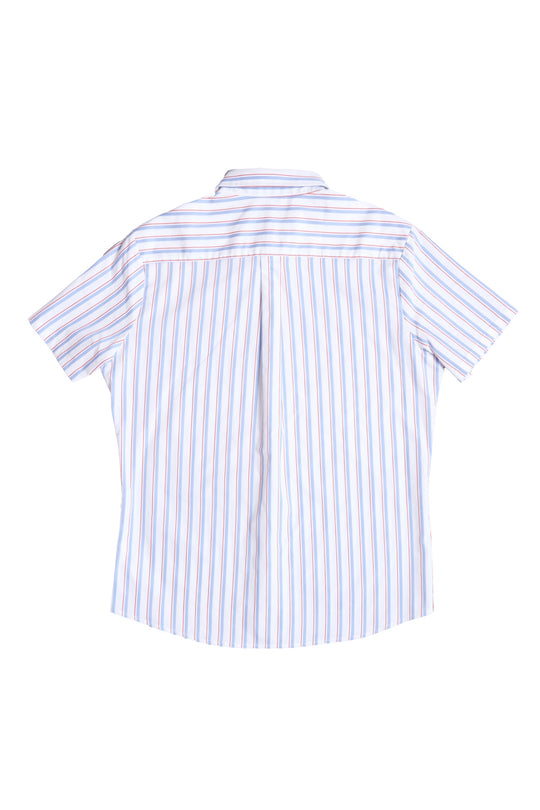 The Ivy City Co Men's James Shirt in Heritage Stripe is shown from the back, featuring a white base with vertical blue, orange, and brown stripes—an effortless standout piece in men's fashion.
