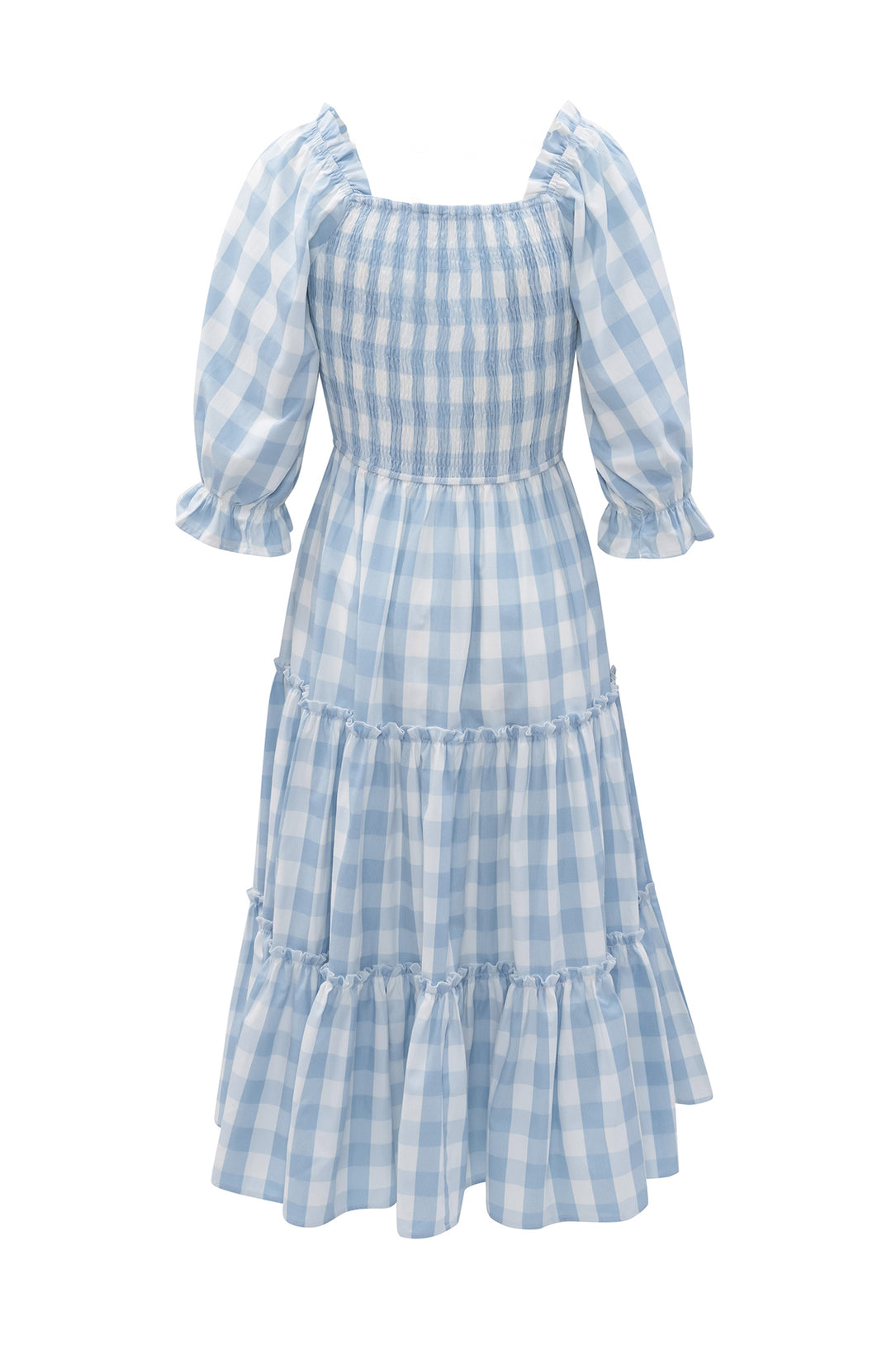 The Mia Gingham Dress in Blue by Ivy City Co features light blue and white checks, puffed half sleeves, a smocked bodice, tiered ruffle skirt, and square neckline—perfect for a comfortable, summery maternity look.