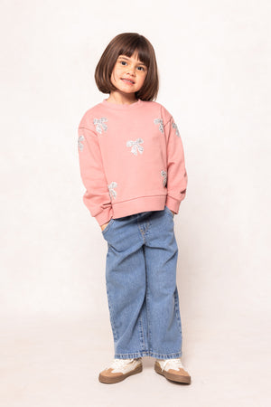 child in a pink sweatshirt and jeans against a white background 