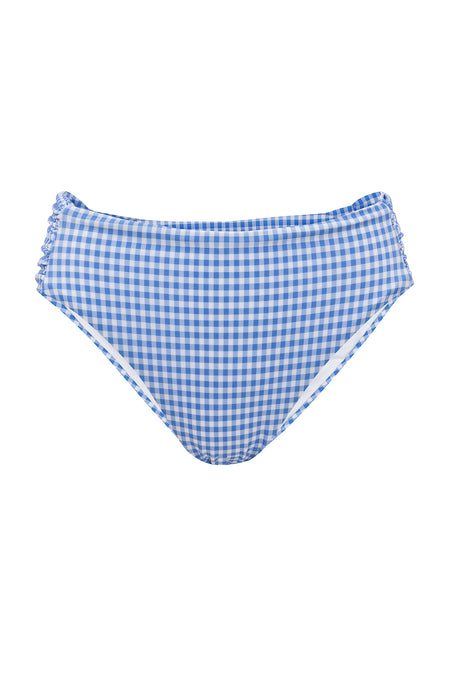 The Ivy City Co Mid Rise Ruched Bottom in Blakely Gingham features blue and white gingham print and subtle side ruffle detailing, shown against a white background.