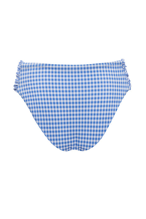 The Ivy City Co Mid Rise Ruched Bottom in Blakely Gingham features blue and white gingham fabric with subtle side ruffle details, shown on a plain white background.