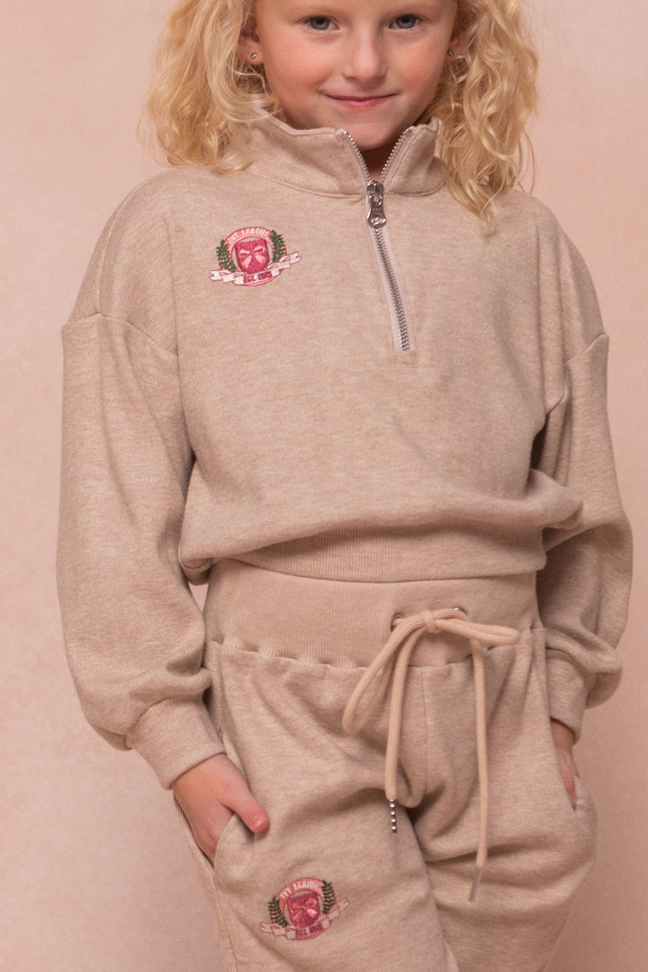 Mini Ivy Half Zip Pullover Embroidered Sweatshirt in Oatmeal