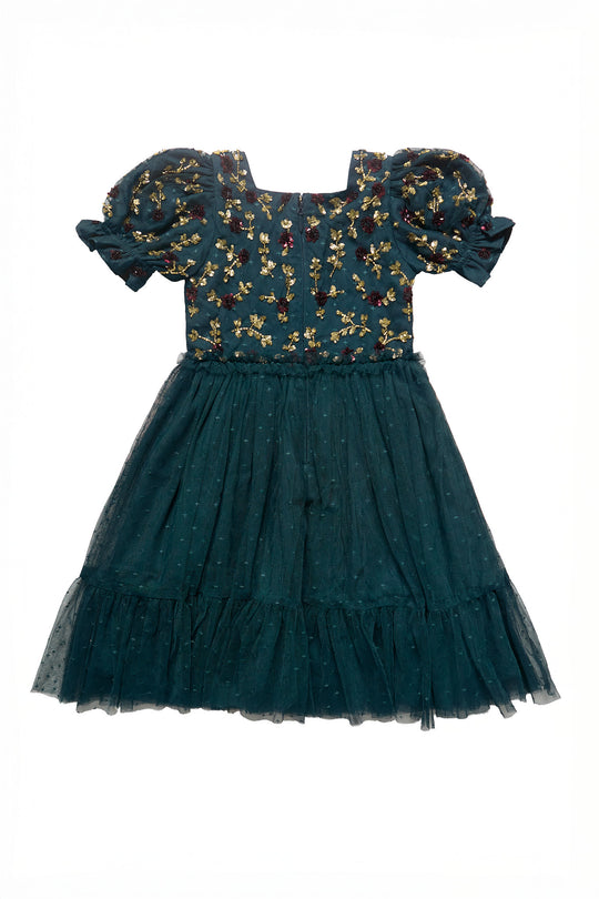 Teal dress with floral embroidery on a white background