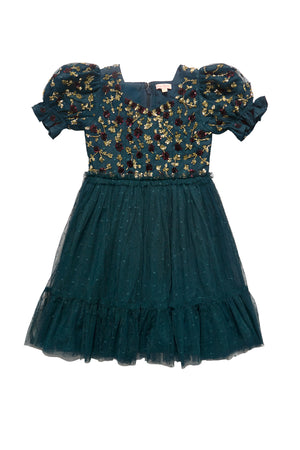 Teal dress with floral pattern on a white background