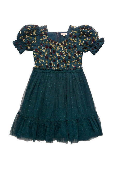 Teal dress with floral pattern on a white background