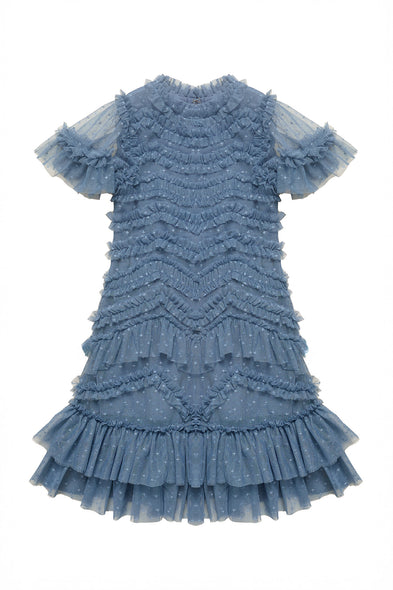 Blue ruffled dress on a white background