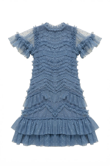 Blue lace dress with ruffled sleeves on a white background