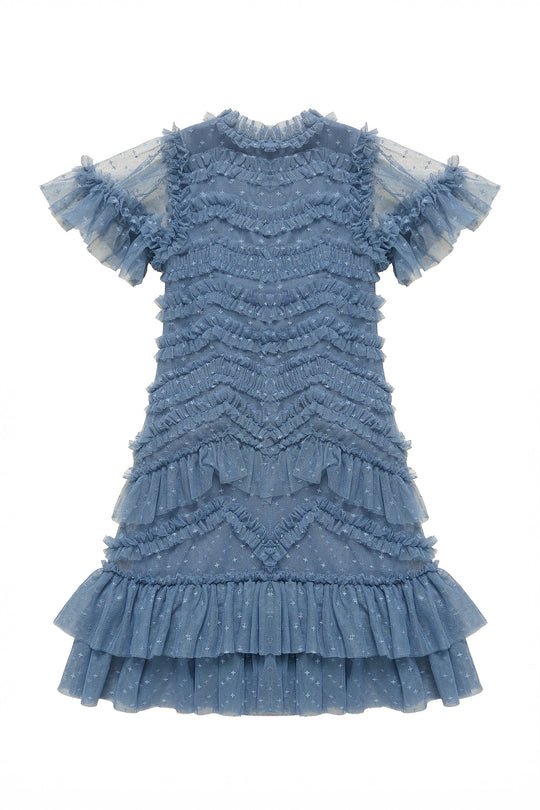 Blue lace dress with ruffled sleeves on a white background