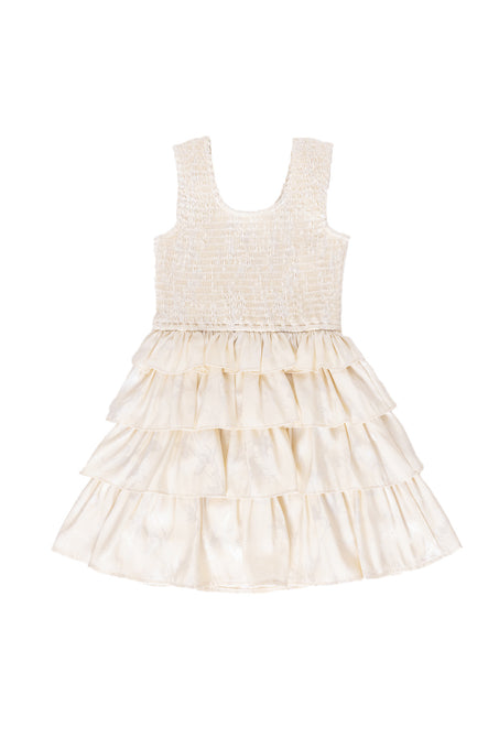 white ruffle dress against a white background