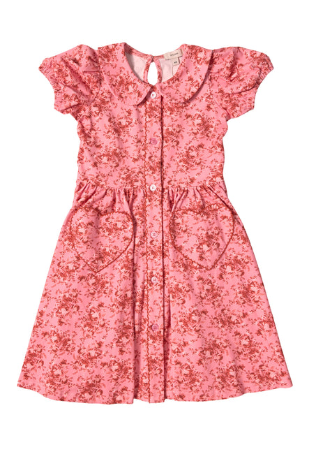 The Mini Alayna Play Dress in Desert Heritage Rose by Ivy City Co features pink short sleeves, a floral pattern, white buttons, a rounded collar, and heart-shaped pockets—perfect for Easter or any playful occasion.