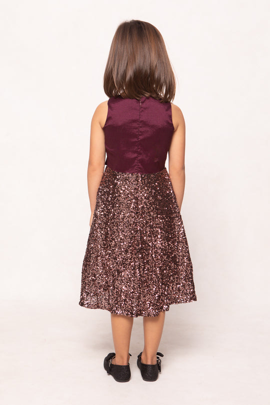 Young girl wearing a maroon sequin dress on a white background