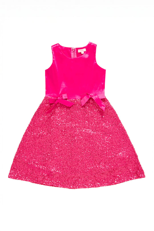 Pink glitter dress with a bow on a white background
