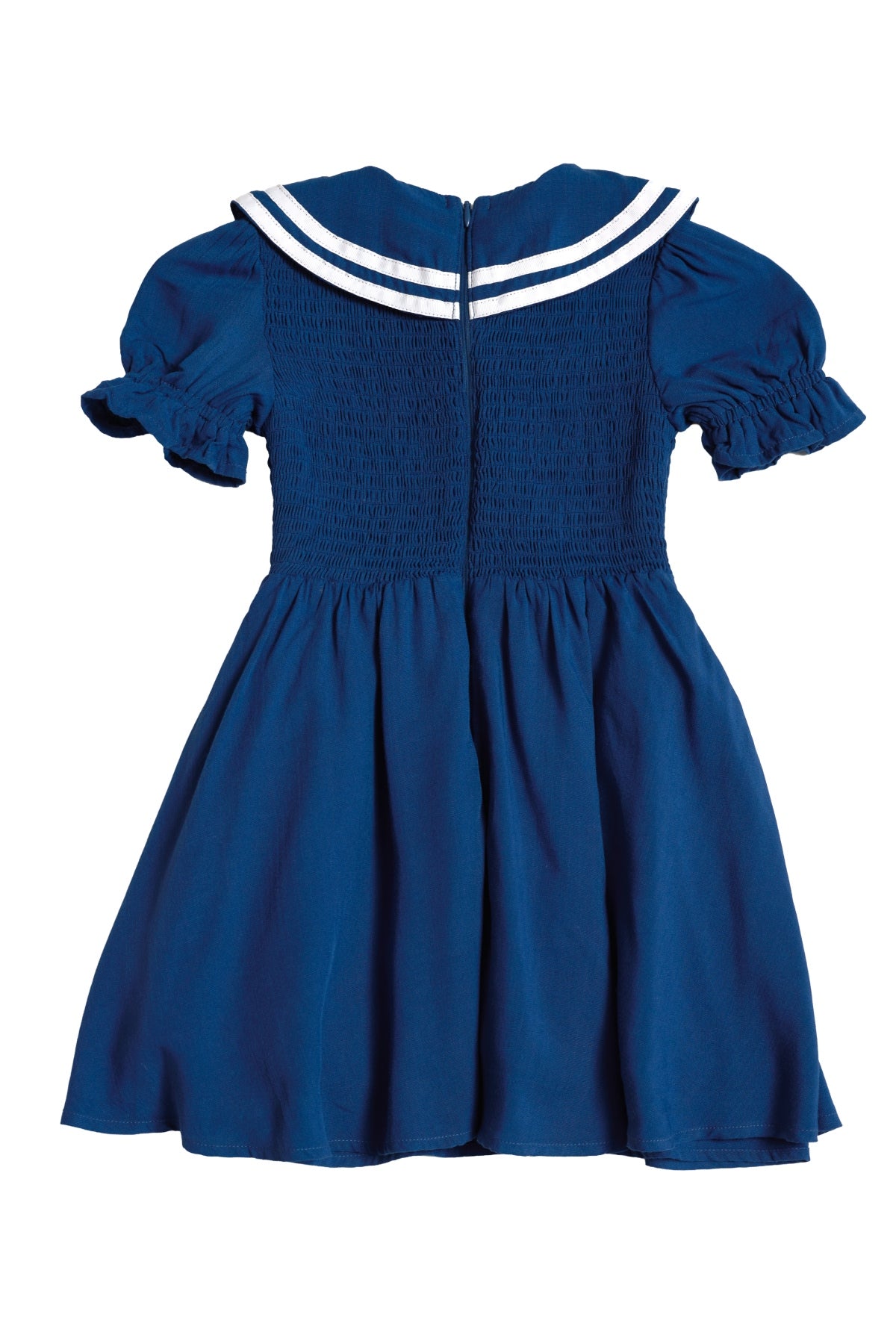 The Mini Alice Dress in Navy by Ivy City Co features short ruffled sleeves, a fitted smocked bodice, flared skirt, and sailor collar with white stripes. Perfect for Mom and Me matching looks. Shown on a white background.