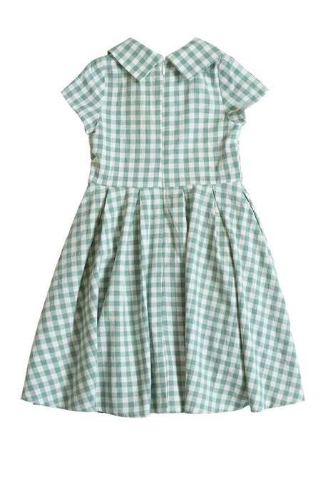 The Ivy City Co Mini Amber Dress in Sage Gingham features short sleeves, a fitted bodice, pleated knee-length skirt, and pointed collar, displayed against a white background.