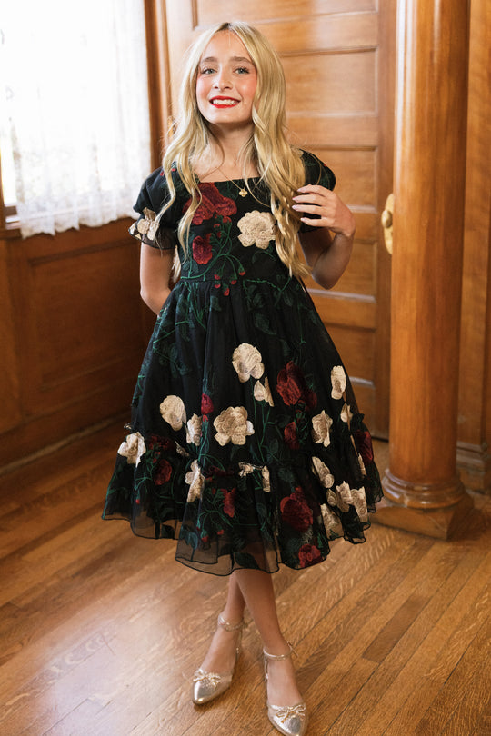 black dress with rose gold shoes Mini Amora Dress, Obsidian Embroidery lace wedding dresses