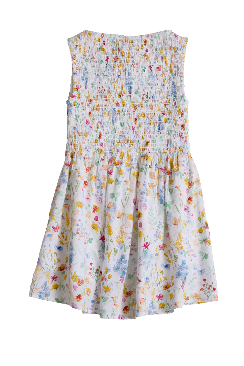 The Mini Ana Dress in Floral Fields by Ivy City Co is a sleeveless children's dress with a smocked bodice and flared skirt, featuring vibrant yellow, pink, blue, and green floral prints on a light background.