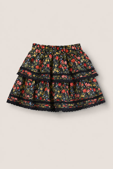 The Mini Annalise Skirt in Obsidian Vintage Poppies by Ivy City Co features a tiered black design with colorful vintage poppy prints and lace trim—an ideal addition to girls’ clothing collections.