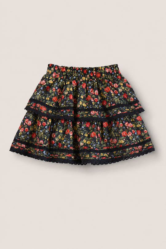 The Ivy City Co Mini Annalise Skirt in Obsidian Vintage Poppies features a black, tiered design with colorful floral print, black lace trim, and is perfect for mom and me matching outfits.