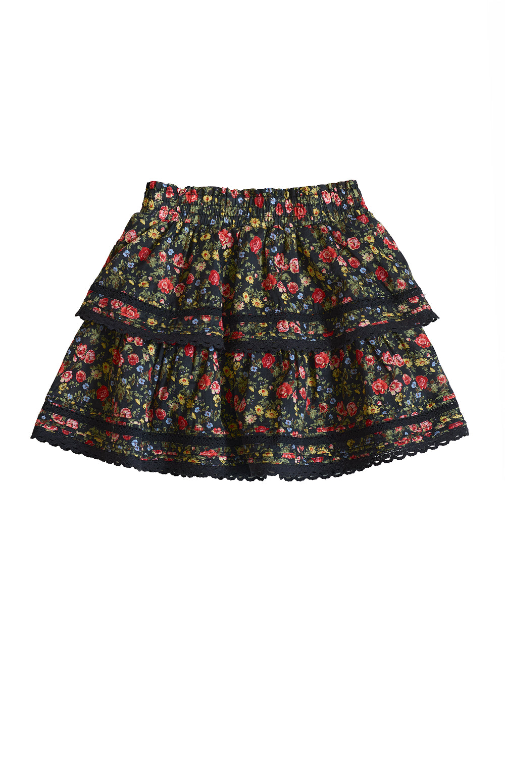 The Mini Annalise Skort in Obsidian Vintage Poppies by Ivy City Co is a girls’ cotton skort featuring a black background with a vibrant floral print, ruffled layers, and delicate lace trim along the edges. Inspired by the signature Obsidian Vintage Poppies style, it perfectly blends comfort and playful charm—ideal for coordinated looks from our Mom and Me matching collection.