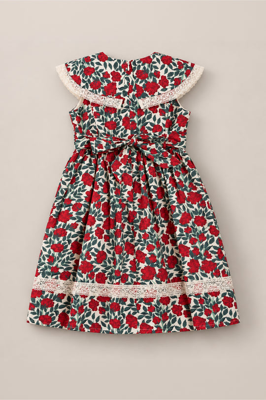 The Mini Aster Dress in Red Roses by Ivy City Co is a girls’ sleeveless dress featuring a vibrant red and green rose pattern, delicate lace trim on the collar and waist, and a charming bow at the back. Displayed flat on a neutral background, this holiday dress highlights its elegant design.