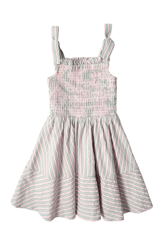 The Mini Bluebell Dress in Green & Pink Pinstripe by Ivy City Co features wide straps, a smocked bodice with green and pink pinstripes, and a flared skirt with diagonal stripes for a playful look.