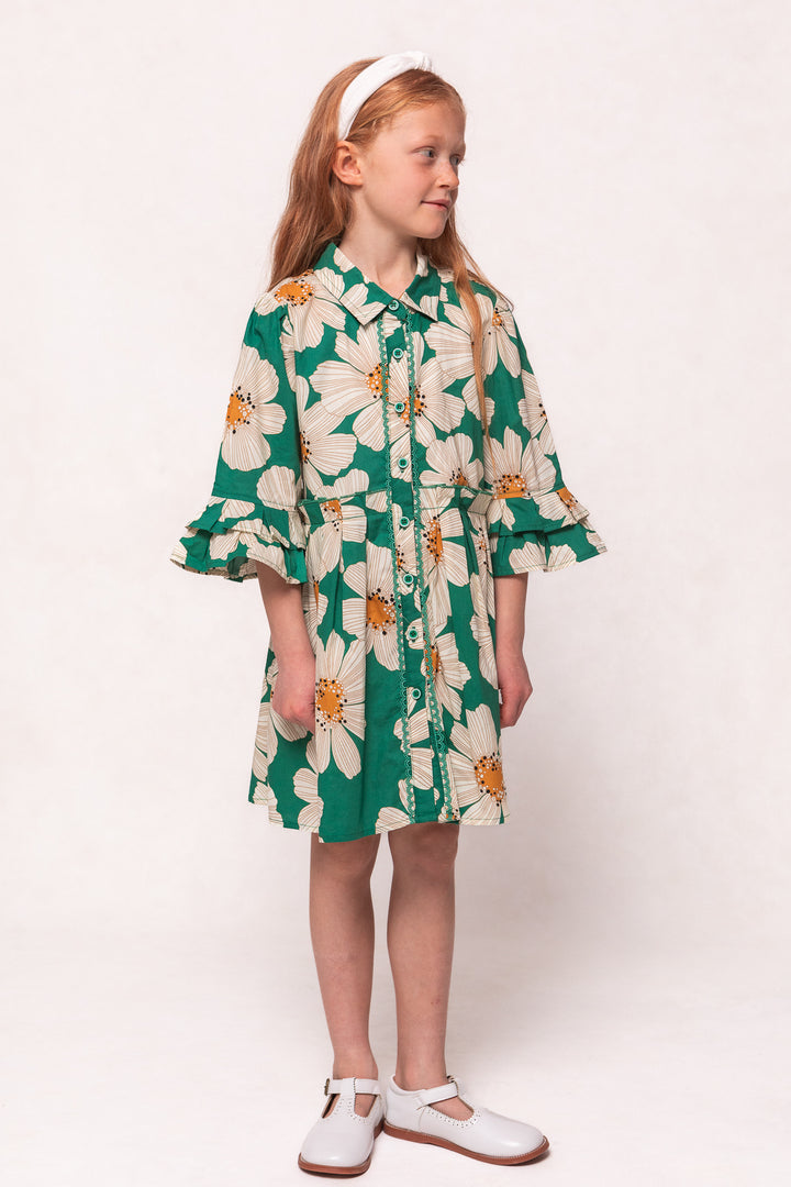 Mini Bowie Dress in Green with White Floral