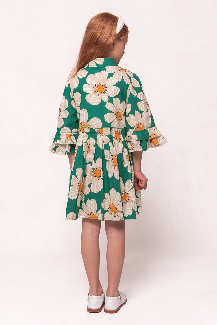 Mini Bowie Dress in Green with White Floral