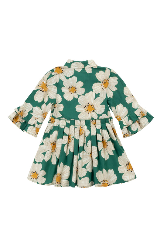 The Ivy City Co Mini Bowie Dress in Green with White Floral is a cotton dress for young girls, featuring long ruffled sleeves, a collar, gathered waist, and a flared knee-length skirt.
