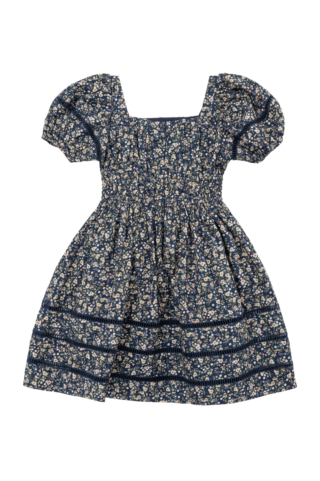 Navy floral dress with puff sleeves on a white background