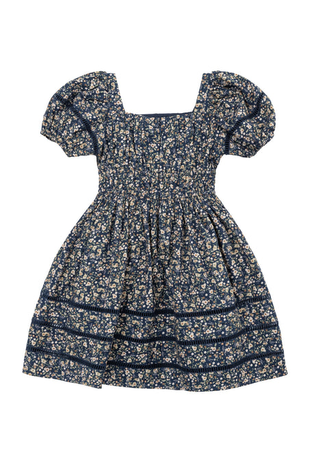 Navy floral dress with puff sleeves on a white background