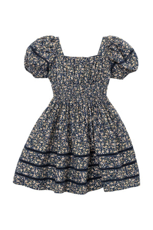 Navy floral dress with puff sleeves on a white background
