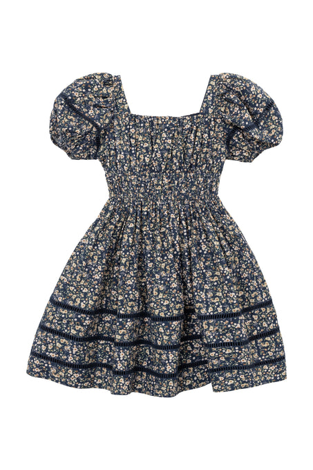 Navy floral dress with puff sleeves on a white background