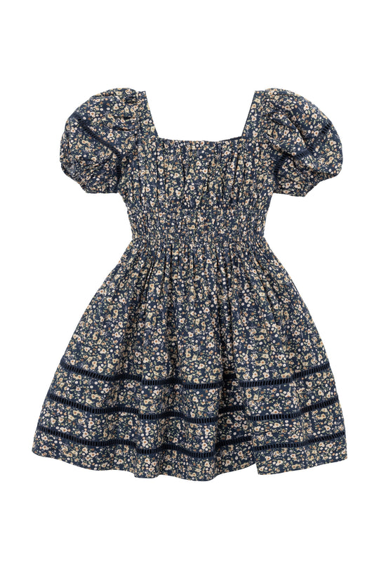 Navy floral dress with puff sleeves on a white background