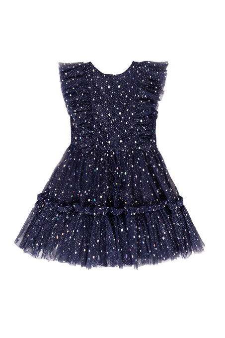Sparkly navy dress against a white background