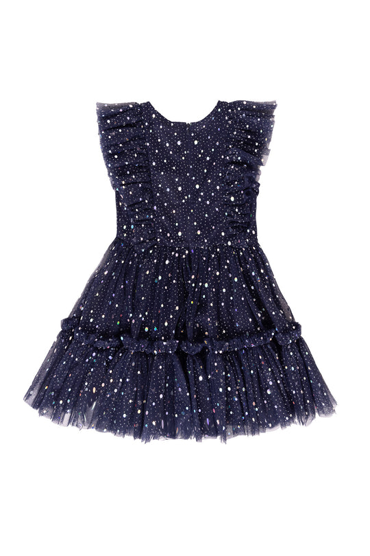 Sparkly navy dress against a white background