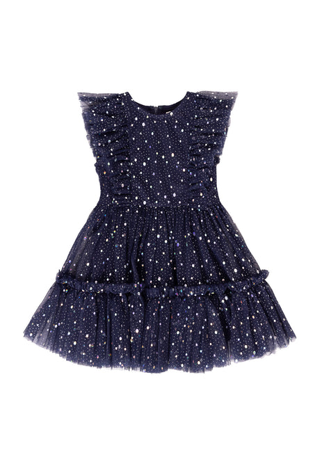 Sparkly navy dress against a white background
