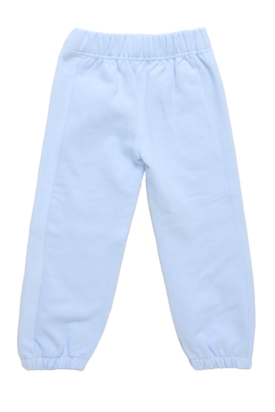 the back of blue sweatpants against a white background