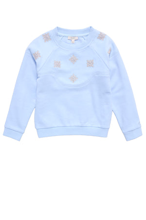 blue sweatshirt against a white background