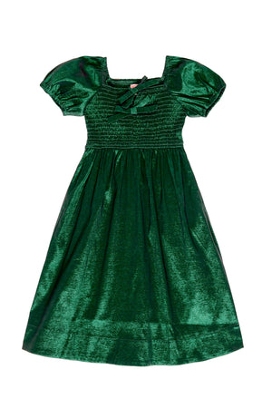 Green dress with ruffled sleeves on a white background