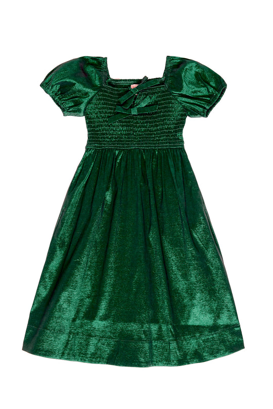 Green dress with ruffled sleeves on a white background